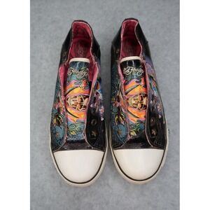 Ed Hardy Skull Tattoo Graphic Slip On Canvas Sneakers Y2K Women's Size 8 Shoes